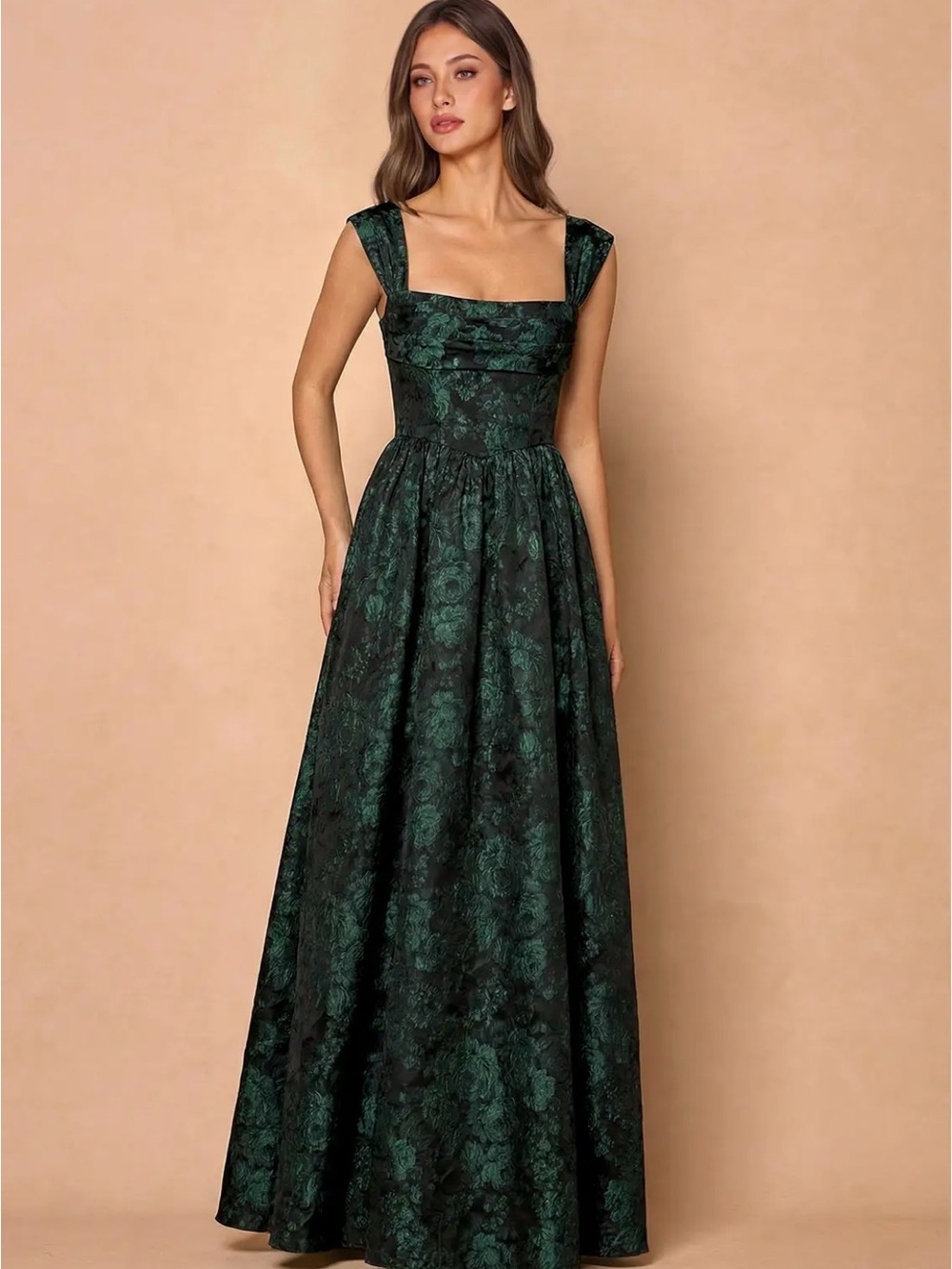 Azazie Emerald Green Square-Neck Floral Evening Gown
